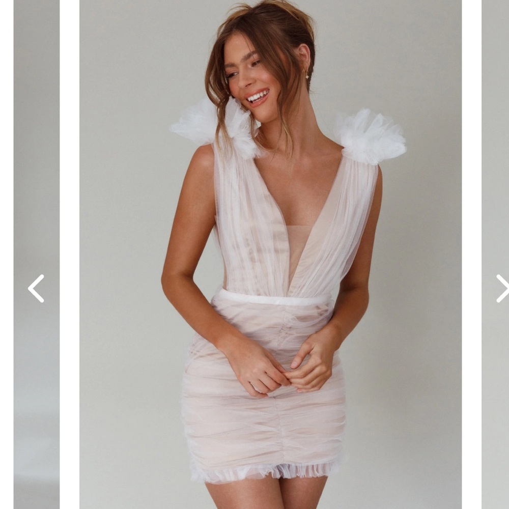 Small Shoulder Accent Mesh White Mini Dress